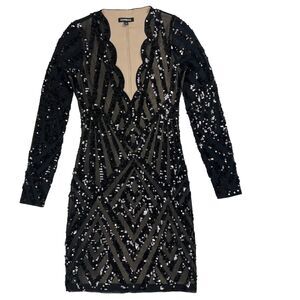 Express Sequin Little Black Dress Womens XS Scallop V Neckline Nude Lining Sheer